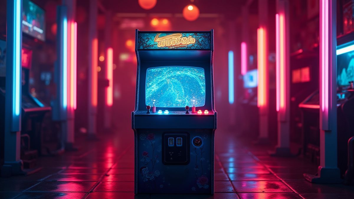 Un arcade retro rodeado de luces de neón.