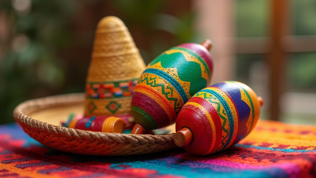 Maracas coloridas e sombrero mexicano em uma mesa festiva.