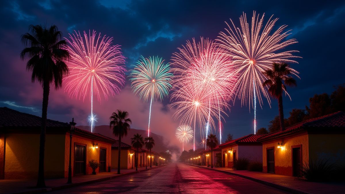 Fuegos artificiales iluminando el cielo en un pueblo mexicano.