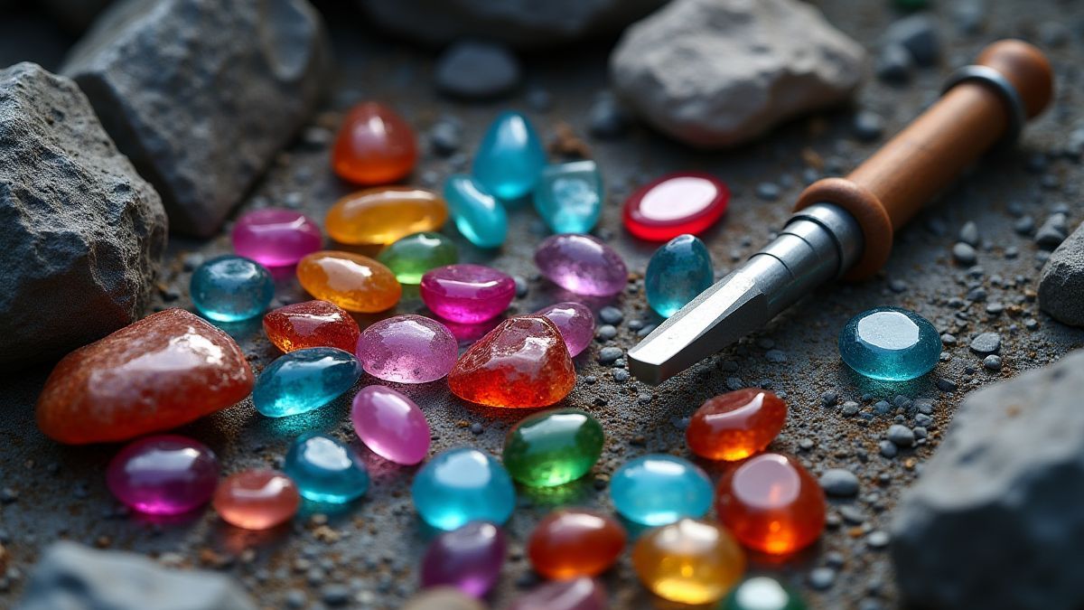 Gems and mining tools on a rocky surface.