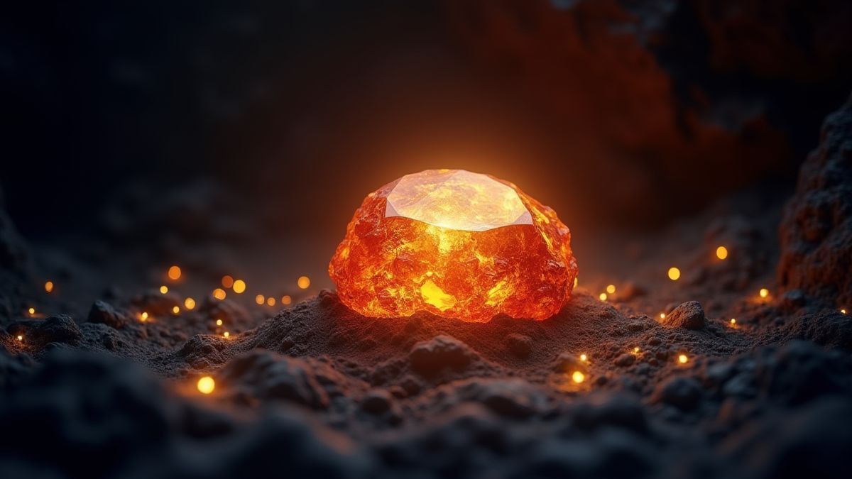 A glowing gem surrounded by golden sparkles in a dark cave.