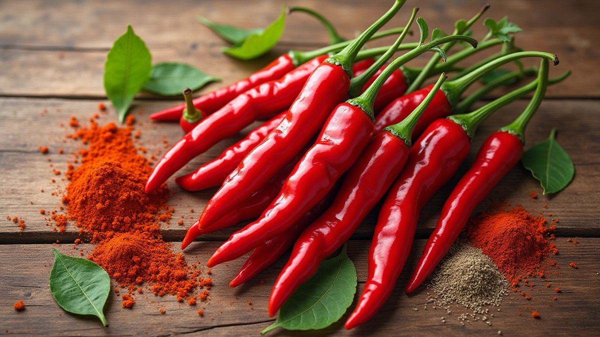 Chiles e especiarias em uma mesa de cozinha rústica.