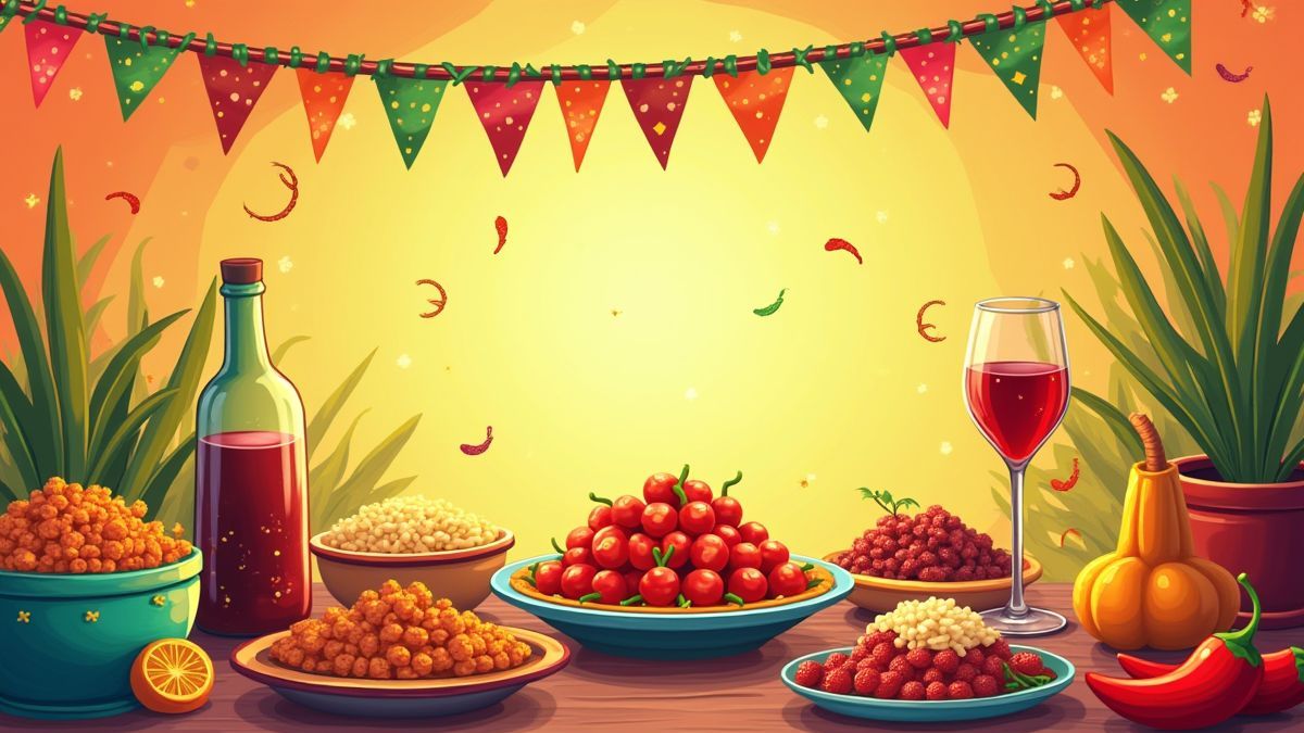 Fiesta animada com decoracoes coloridas, comida e chiles.