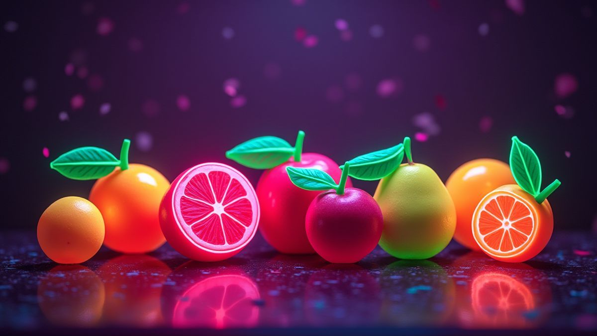 Leuchtende Früchte unter Neonlichtern in einer retroartigen Spielhalle.