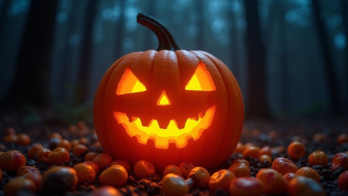 Glowing pumpkin surrounded by candy on a spooky night.