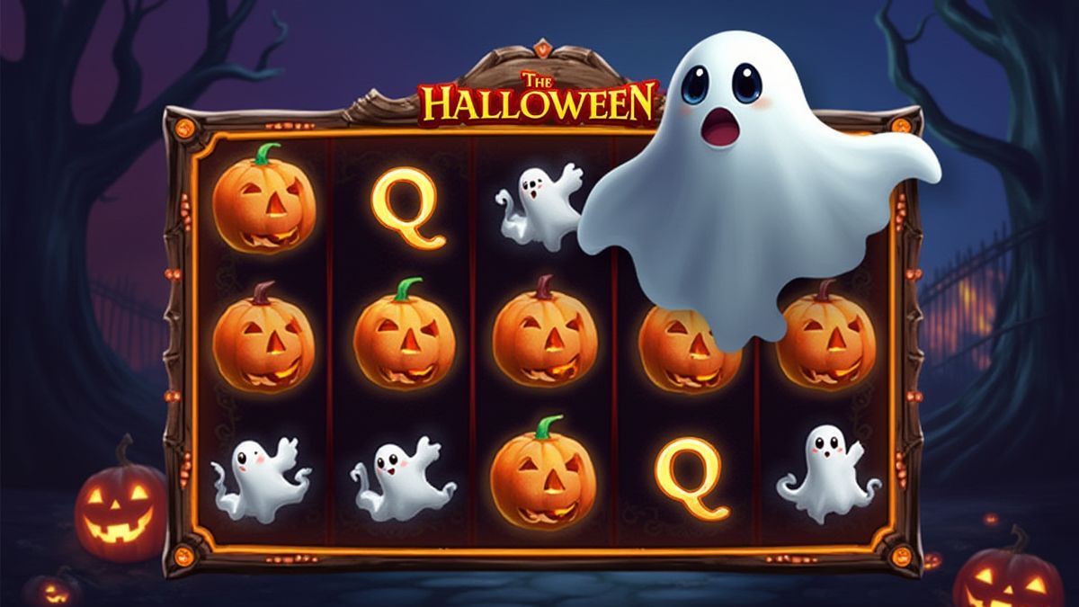 Ghost floating over a reel with Halloween symbols.