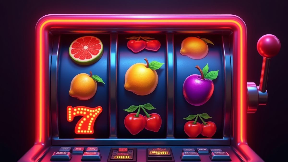 Máquina de frutas retro con luces de neón brillantes.