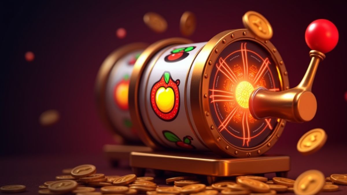 Máquina tragamonedas girando con símbolos de frutas y monedas volando.