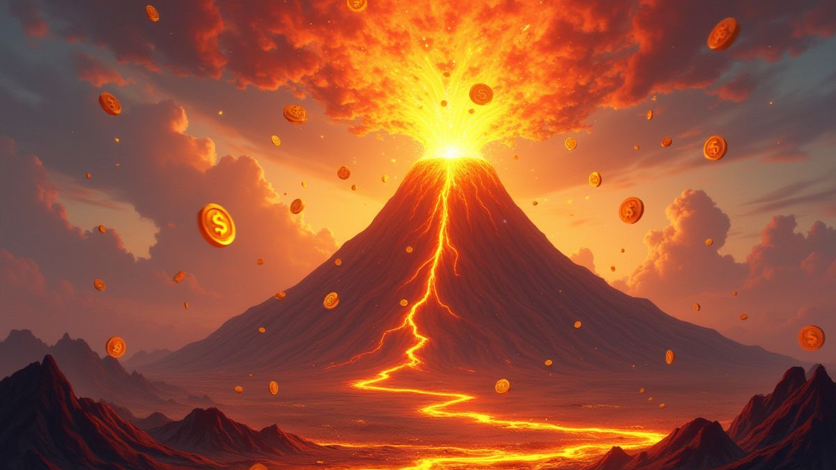Vulkan in Eruption mit fliegenden goldenen Münzen.