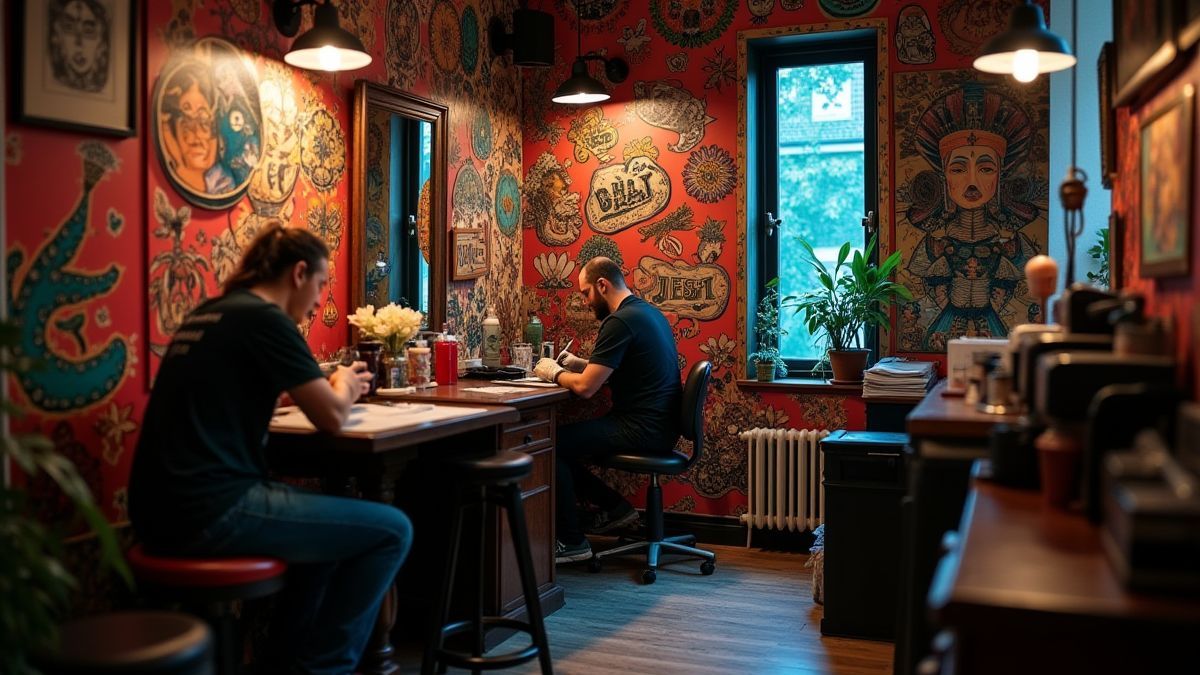 Interior de un estudio de tatuajes con diseños coloridos y un tatuador trabajando.