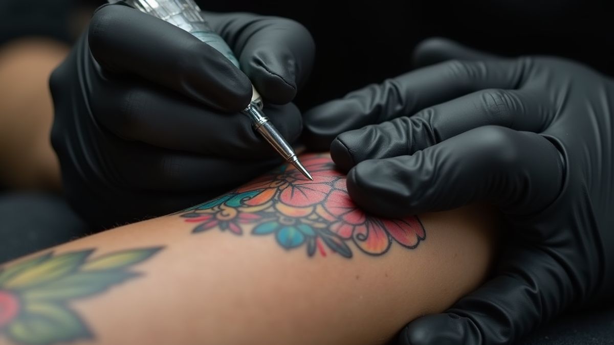 Manos de un tatuador trabajando en un diseño colorido.