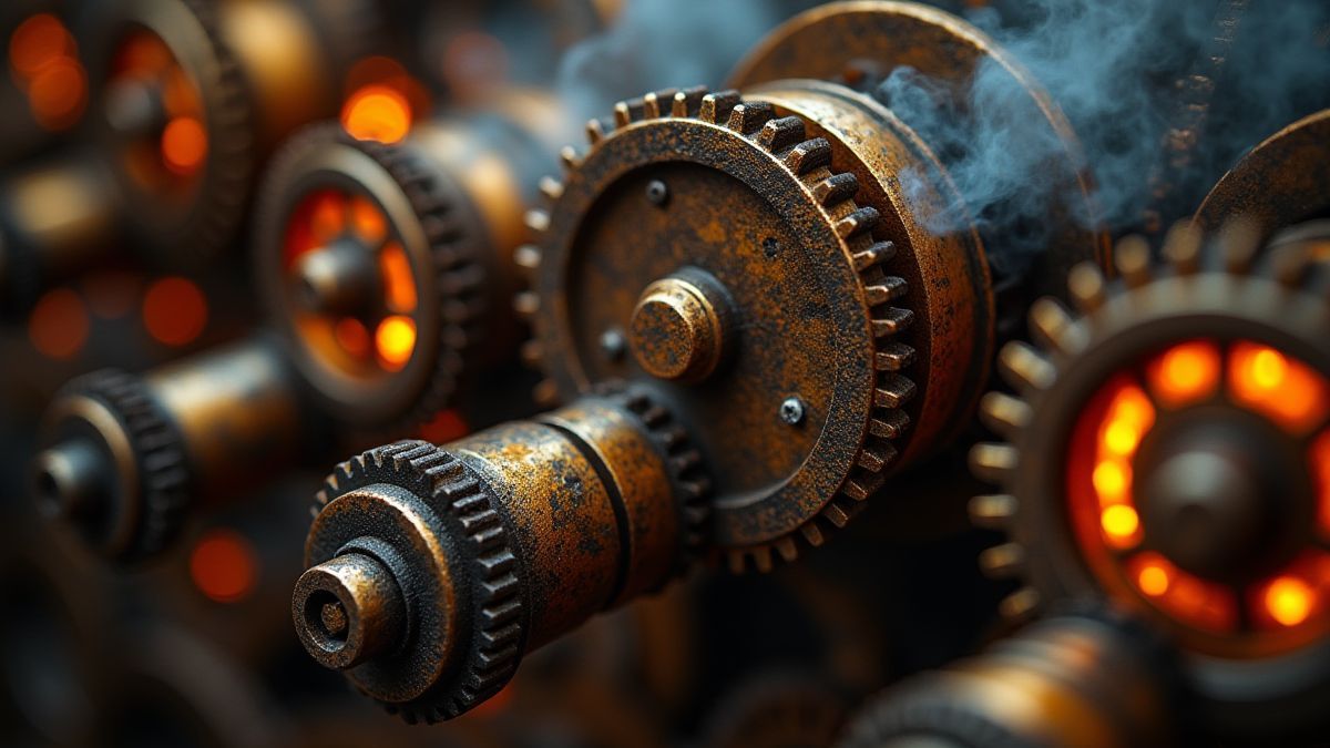 Detail of steampunk gears and pipes with glowing steam.
