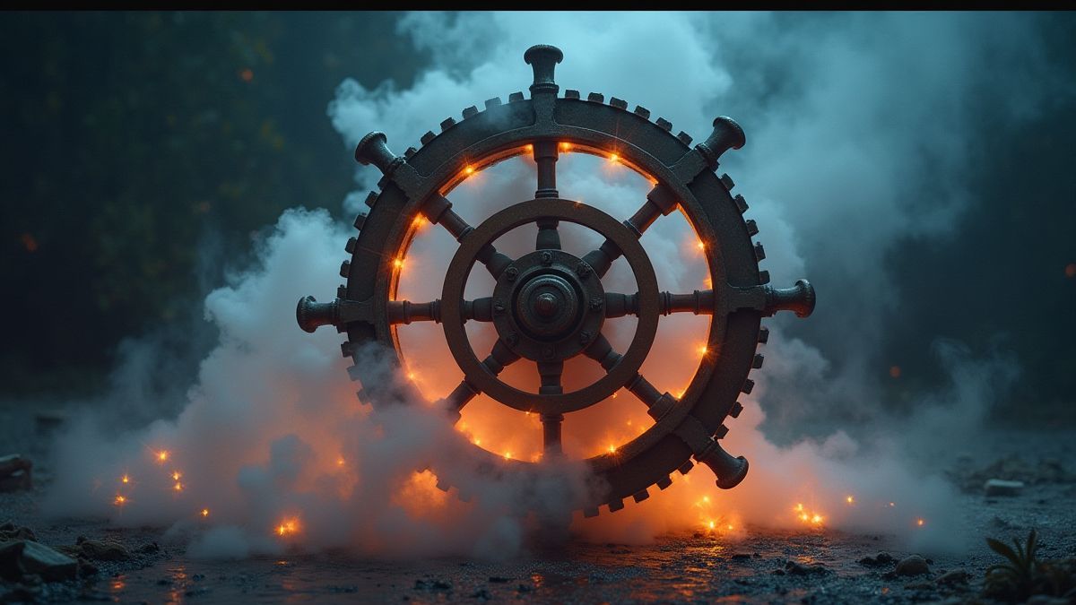 Magical wheel with steam and glowing lights.
