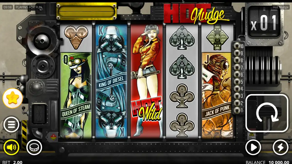 Hot Nudge-basisspel met 5x4 rollen, Hot Wild en King of Diesel-symbolen