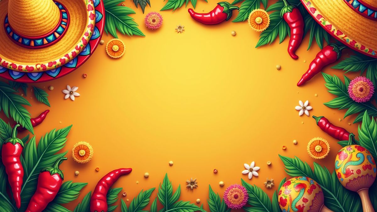 Mexican-themed illustration with spicy peppers, sombreros, and maracas.