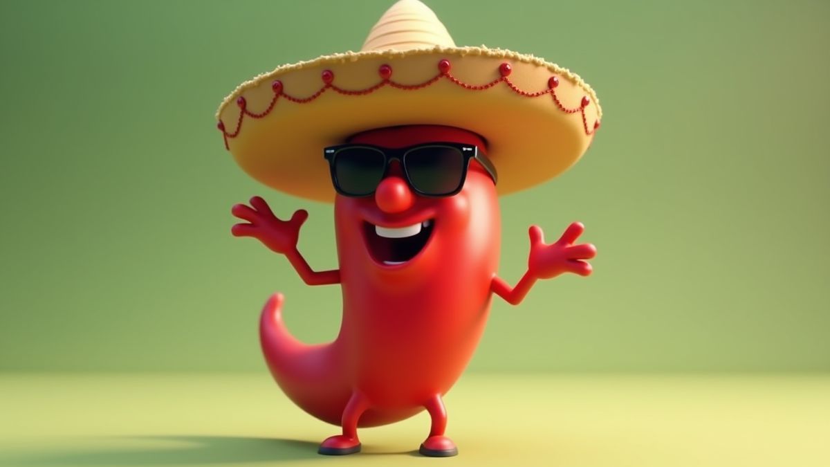 An animated pepper with a sombrero and sunglasses dancing.