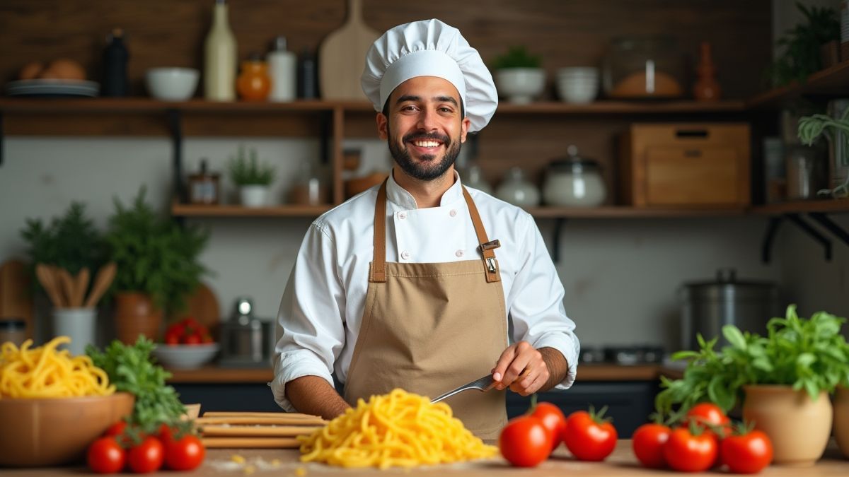 Chef alegre em uma cozinha italiana rodeado de ingredientes frescos.