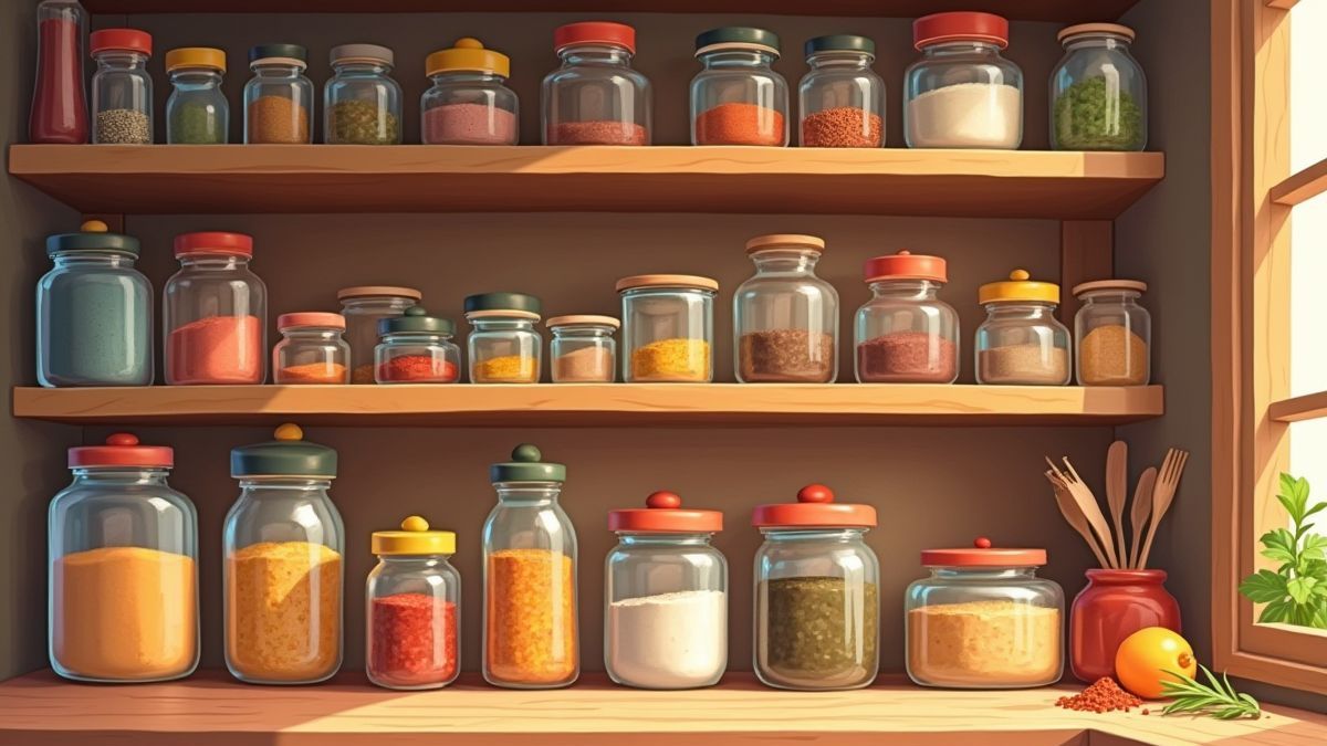 Despensa animada cheia de especiarias e ingredientes de cozinha.