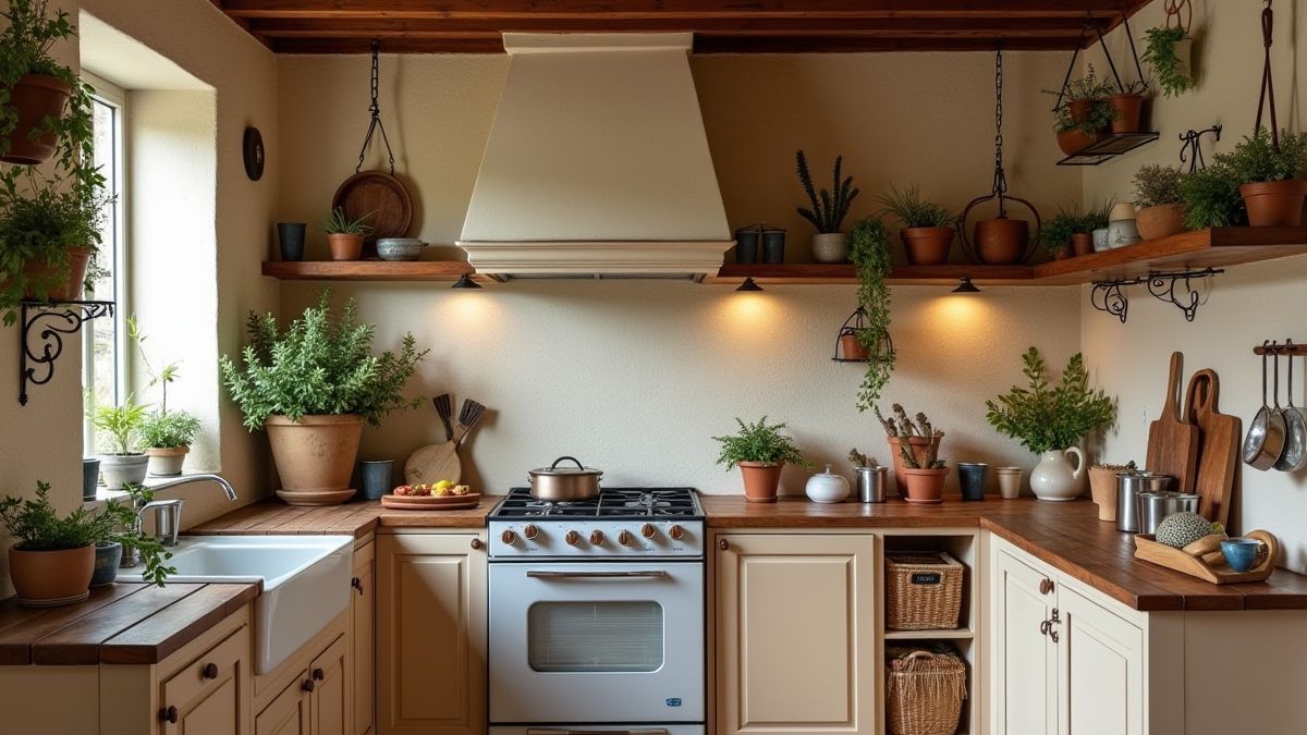 Cozinha italiana aconchegante com bancadas de madeira e panelas penduradas.