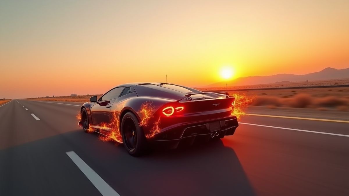 Raceauto met vlammen op de zijkanten op een snelweg bij zonsondergang.