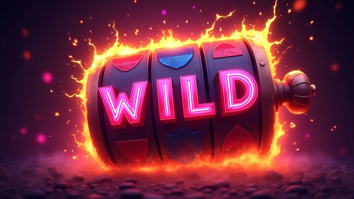 Wild-symbool in neonkleur dat explodeert op een slotrol omringd door vonken en vlammen.
