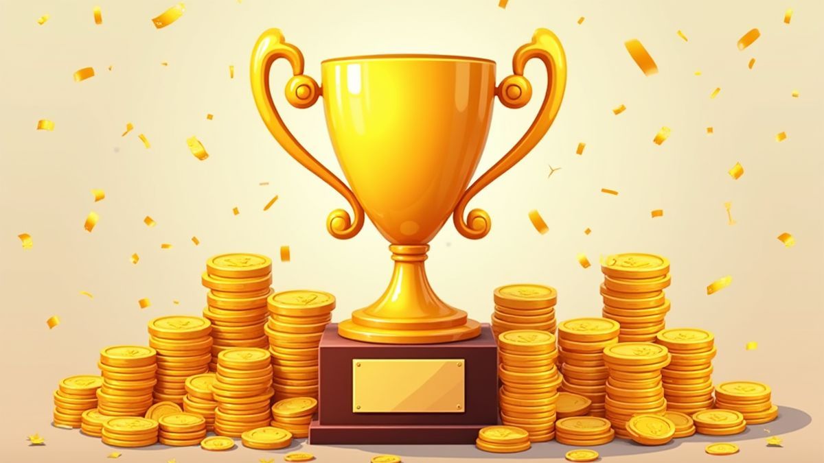 Racing trophy omringd door stapels gouden munten en confetti.