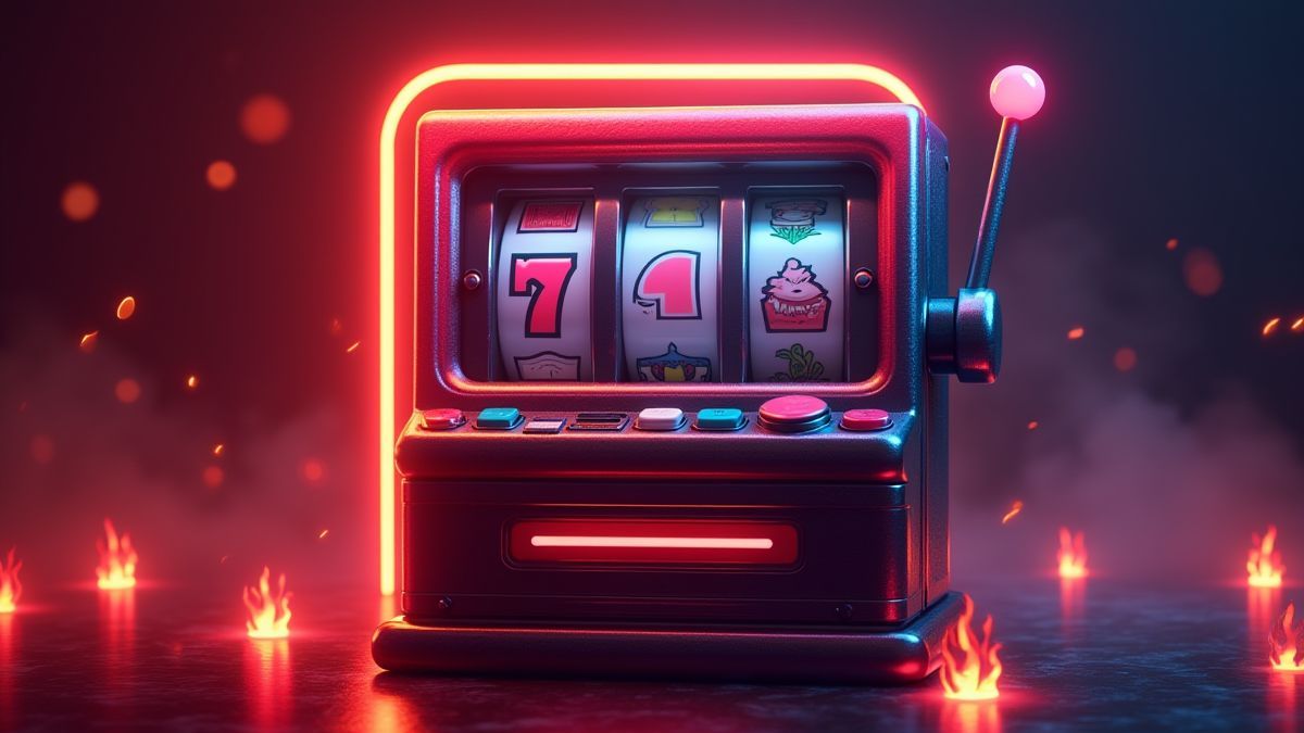 Máquina caça-níqueis retro rodeada de luzes de néon e elementos ardentes.