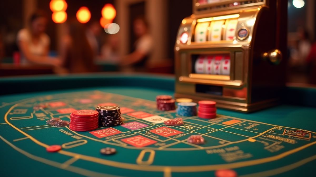 Mesa de cassino colorida com fichas, dados e uma máquina caça-níqueis vintage.