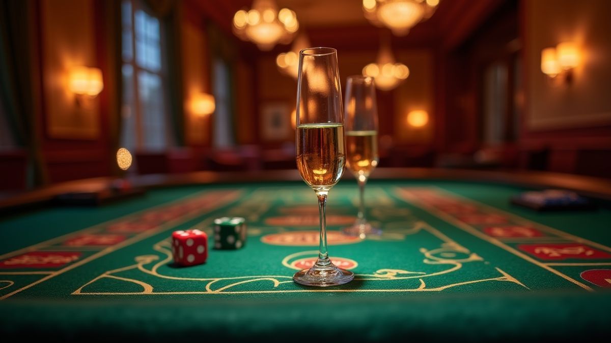 Innenansicht eines luxuriösen Casinos mit Pokertischen und Champagnergläsern.