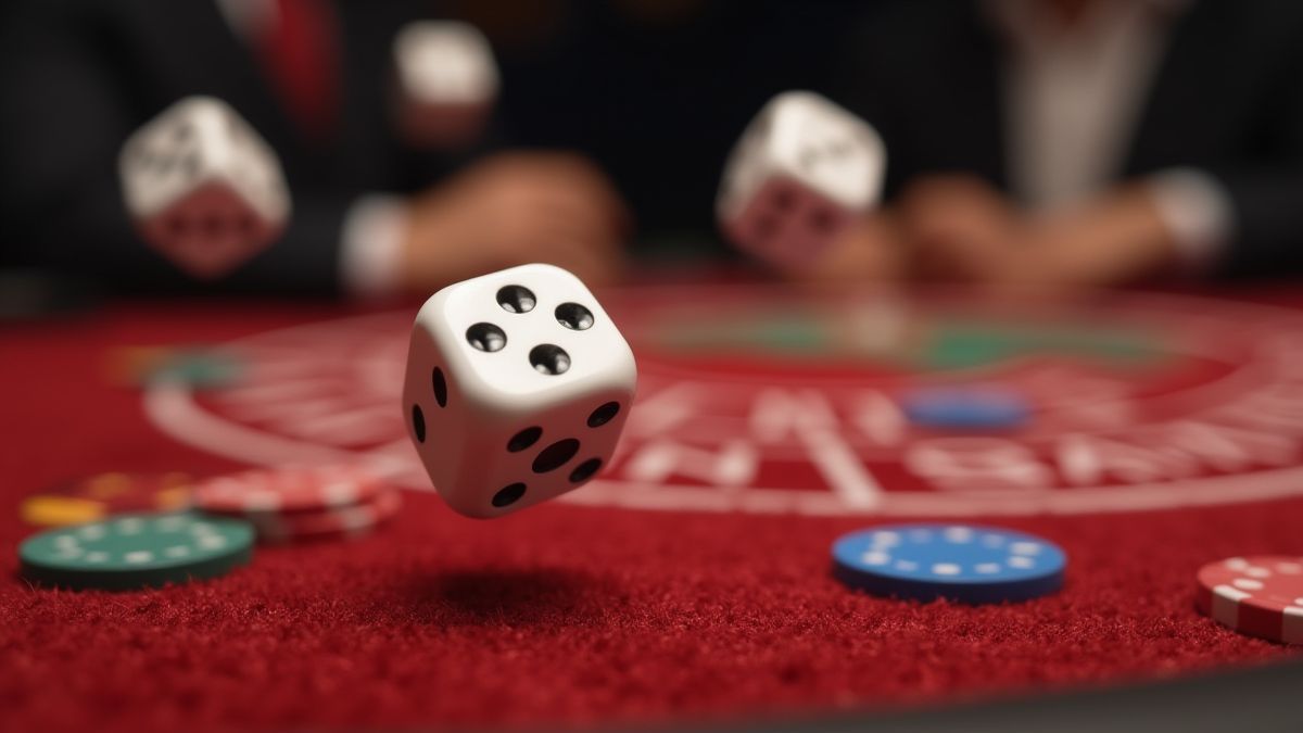 Würfel rollen auf einem Casinotisch mit verstreuten Chips.