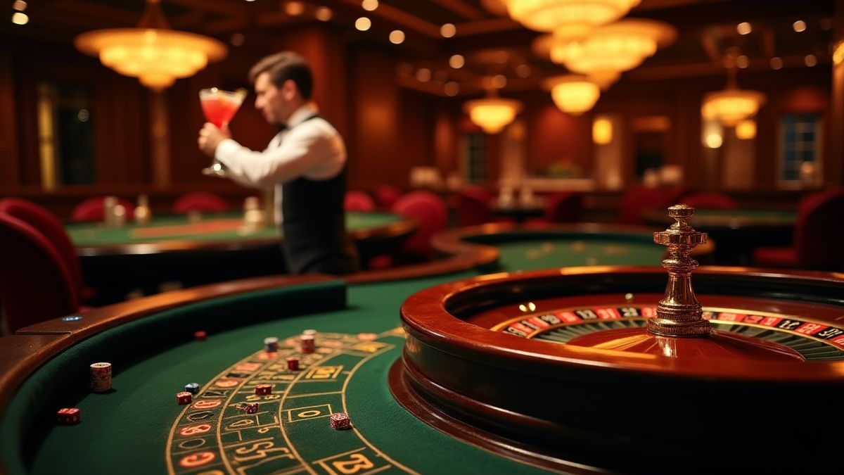 Salón de casino con ruleta y dados sobre la mesa.