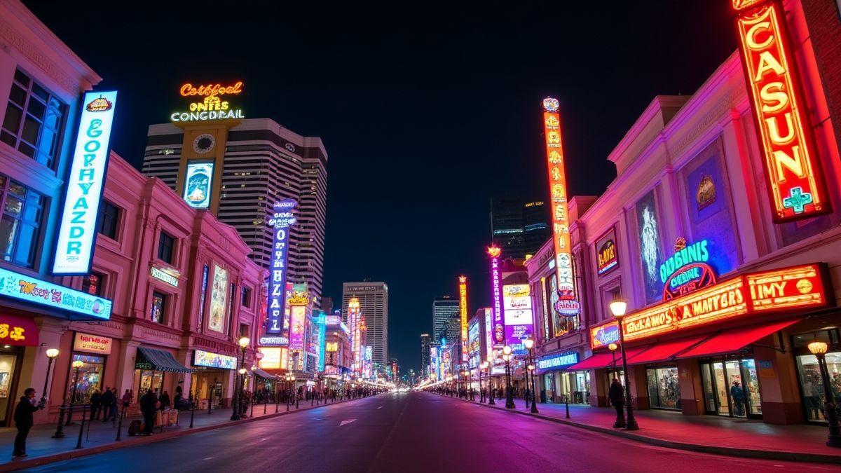 Vista nocturna de Las Vegas con luces de neón y carteles de casino.