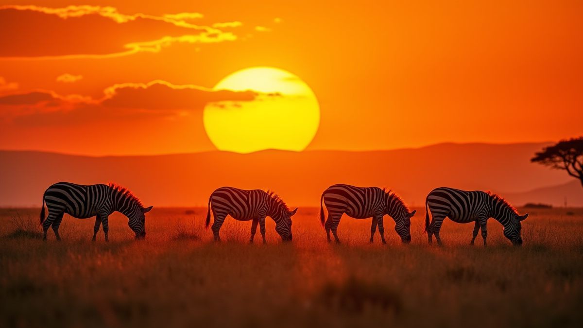 Zebras pastando en la sabana africana al atardecer.