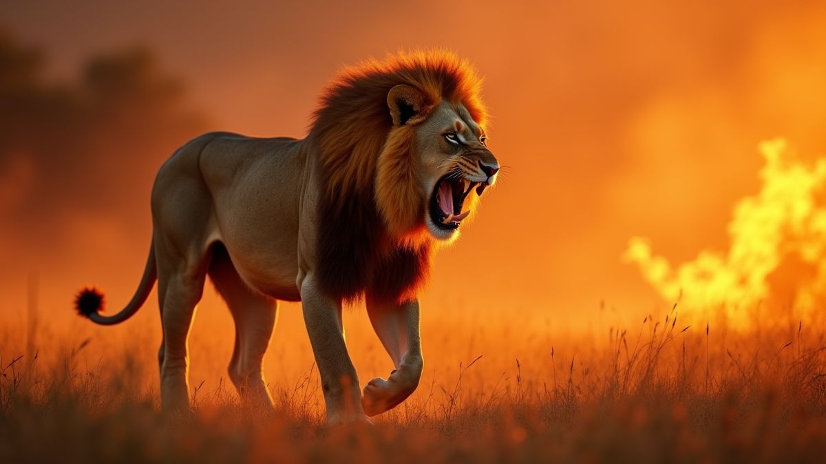 Un león rugiendo en la sabana africana con llamas de fondo.