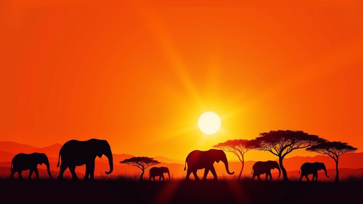 Un atardecer africano con siluetas de elefantes y árboles de acacia.
