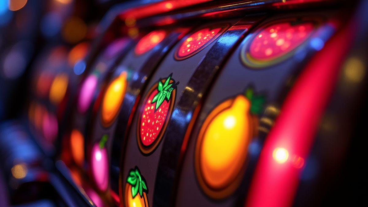 Frutas clásicas como cerezas y sandías brillando en una máquina de estilo retro.