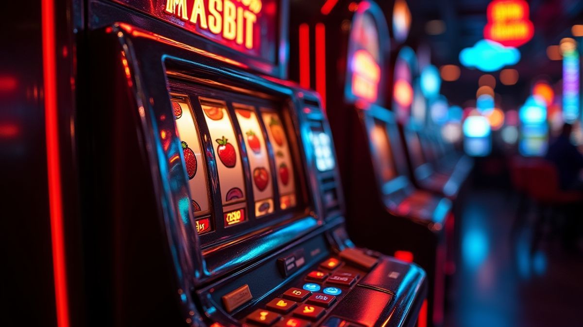 Máquina tragaperras retro con frutas brillantes en un casino iluminado tenuemente.