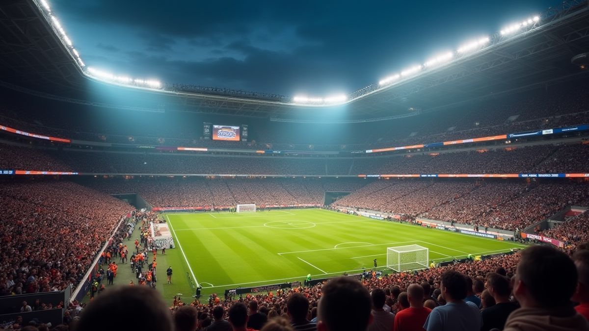 Stadion voller Fans und Essensständen.