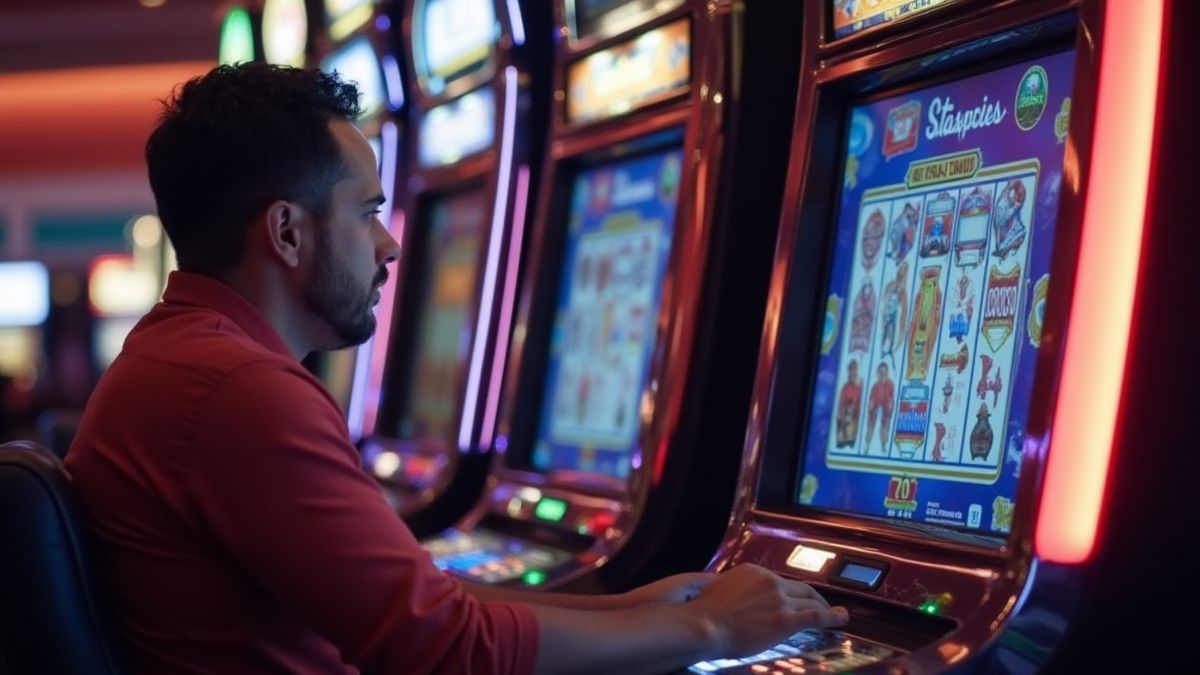 Spieler plant vor einem Spielautomaten mit Baseball-Thematik.
