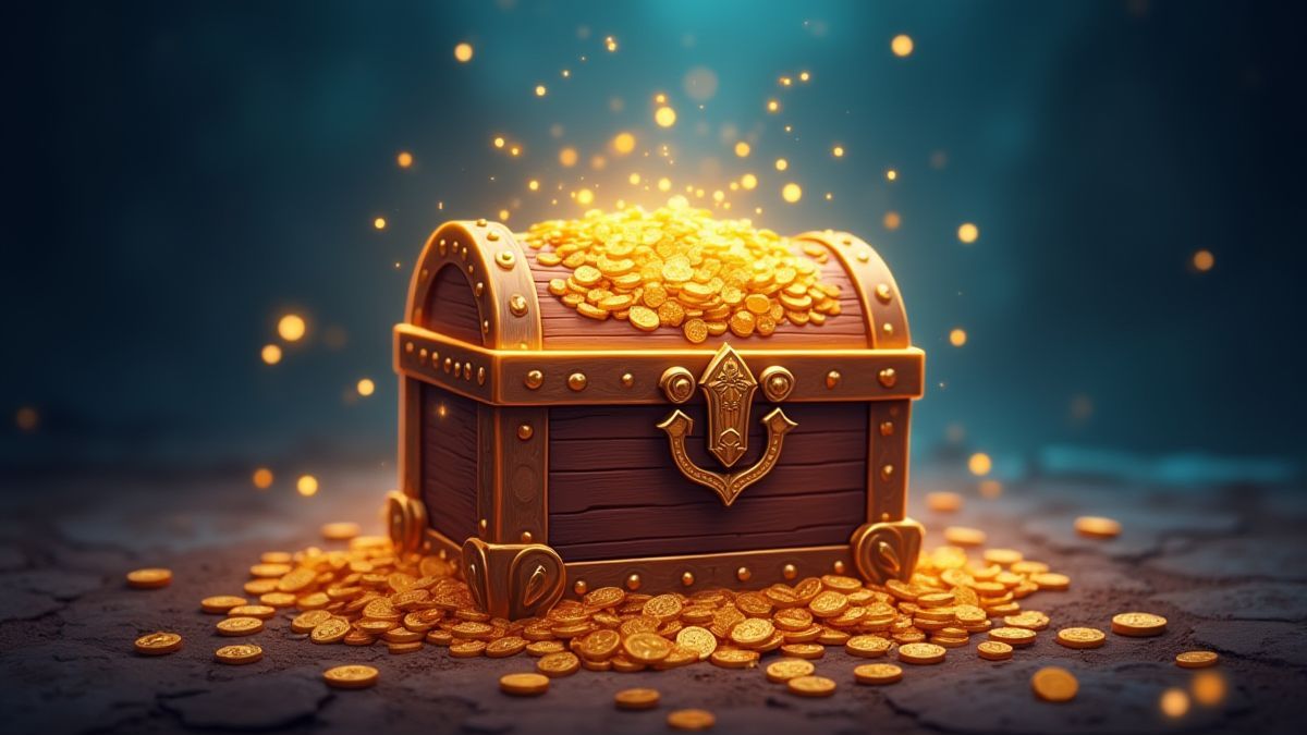 Un cofre del tesoro mágico rodeado de monedas y símbolos de jackpot