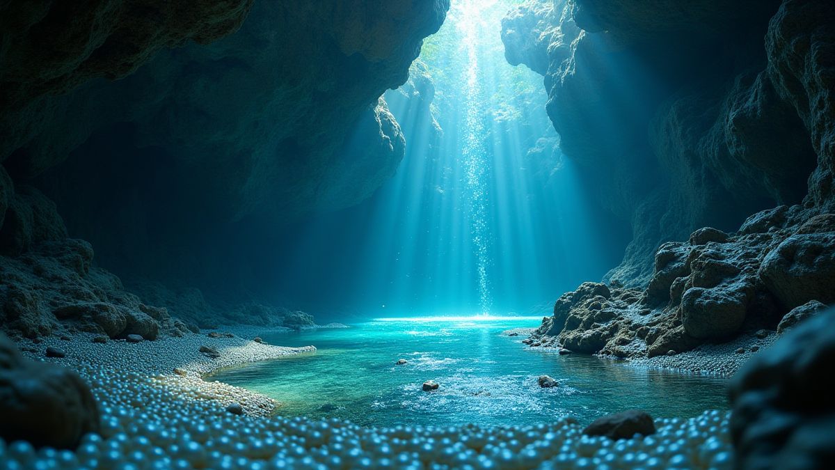 Eine magische Unterwasserhöhle mit schimmernden Lichtern und fließendem Wasser, umgeben von Perlen.