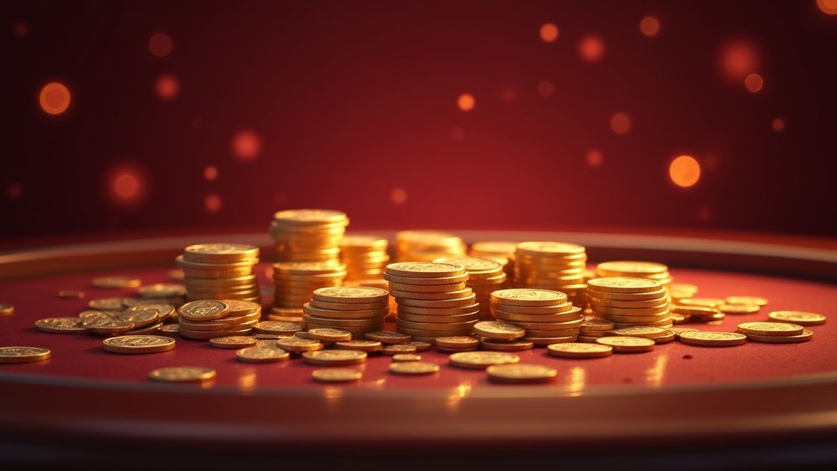 Mesa de casino con monedas y luces brillantes.