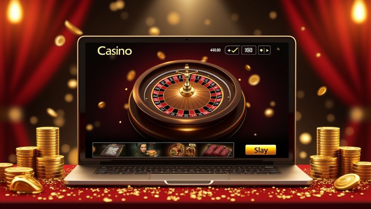 Interfaz de casino online con detalles dorados.