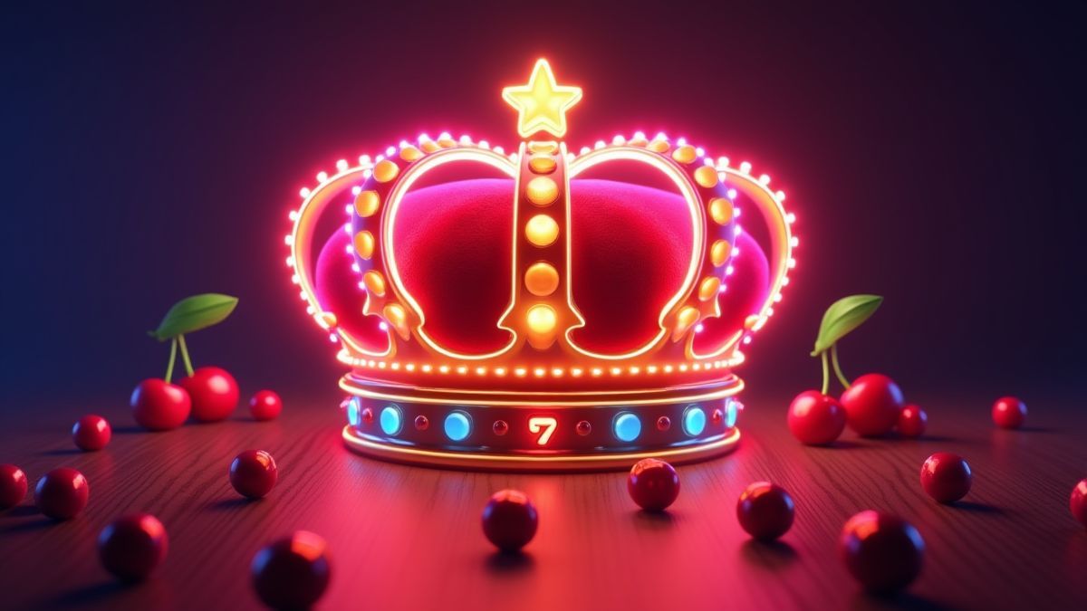 Una corona brillante rodeada de luces de neón y símbolos clásicos como cerezas y sietes.
