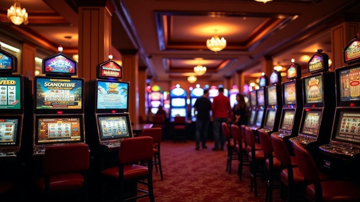 Un ambiente de casino retro con máquinas tragaperras iluminadas y jugadores divirtiéndose.
