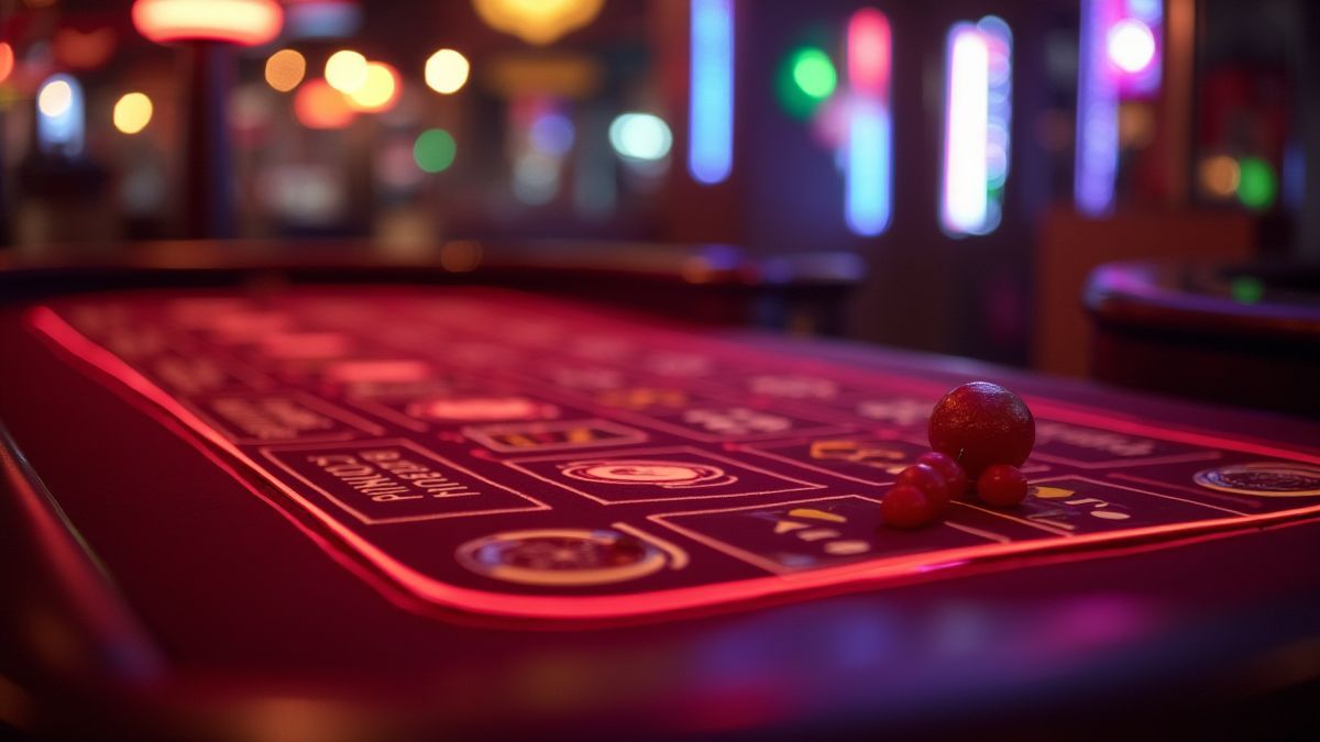Mesa de cassino retrô com frutas brilhantes sob luzes de néon.