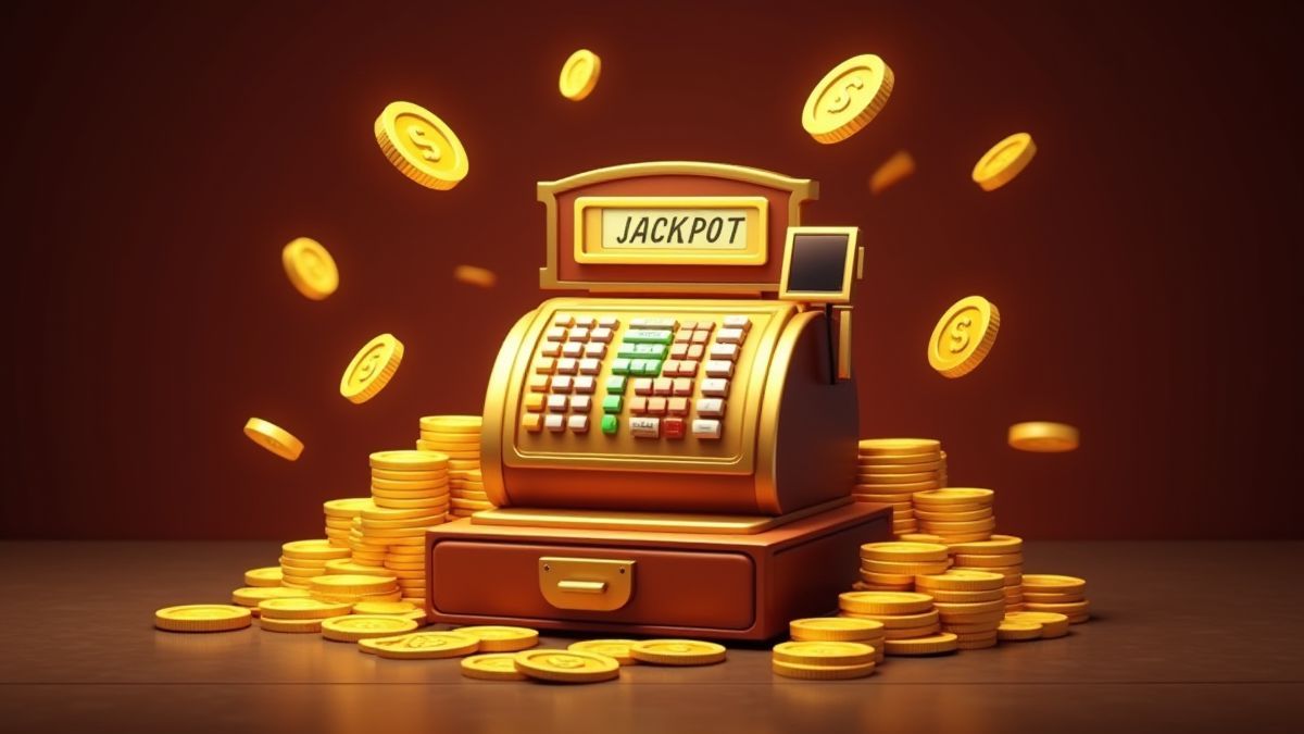 Caixa registradora rodeada de moedas douradas e símbolos de jackpot.