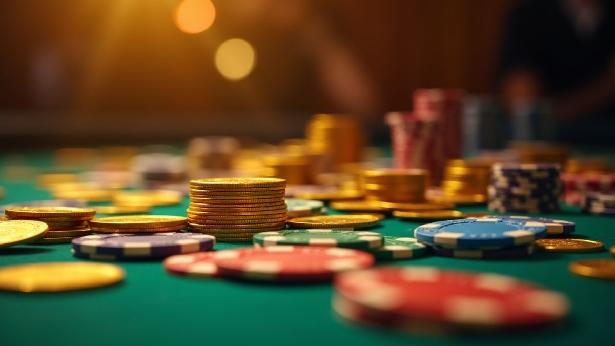 Monedas doradas y fichas de colores en una mesa de casino.