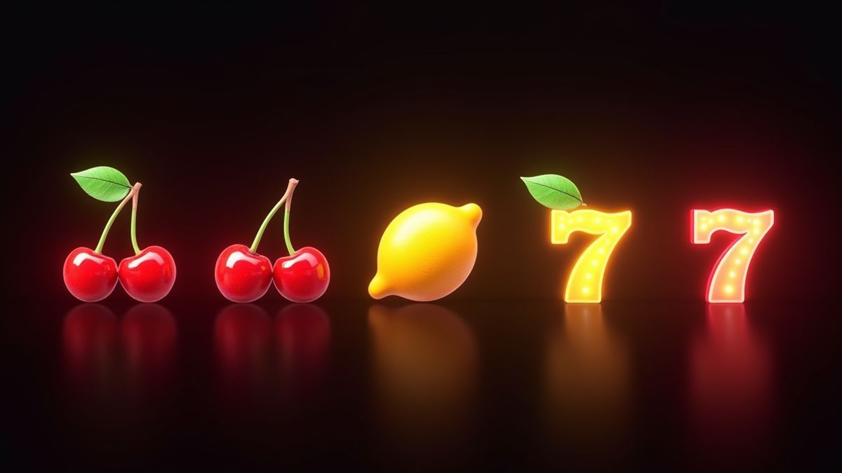 Símbolos de cerezas, limones y sietes en un fondo oscuro.