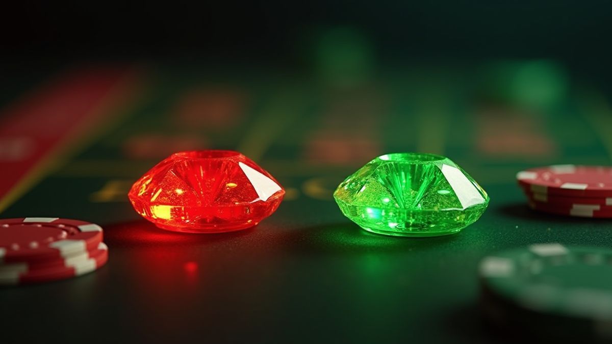 Twee schitterende edelstenen, één rood en één groen, op een casinotafel.
